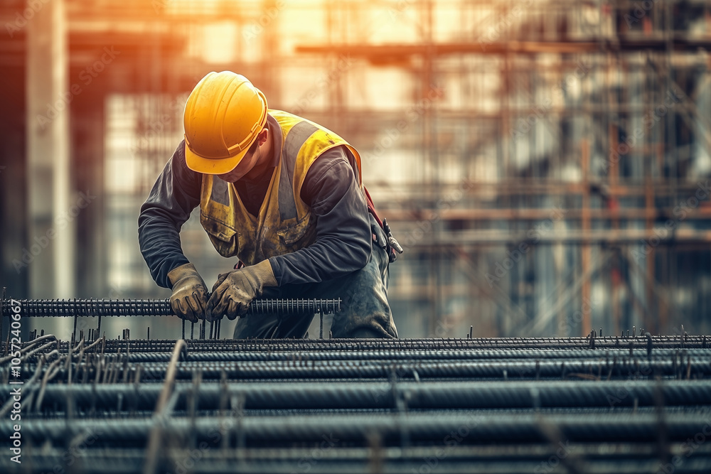 A construction worker wearing safety vest and yellow hard hat is working on a building site A construction worker wearing safety vest and yellow hard hat is working on a building site