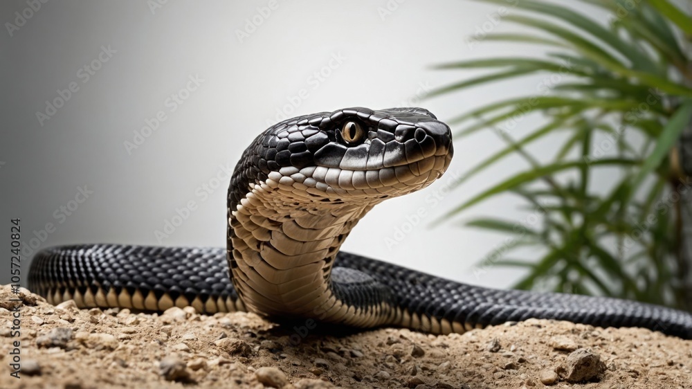 A close-up of a snake with a textured body, set against a neutral background and foliage. A close-up of a snake with a textured body, set against a neutral background and foliage.