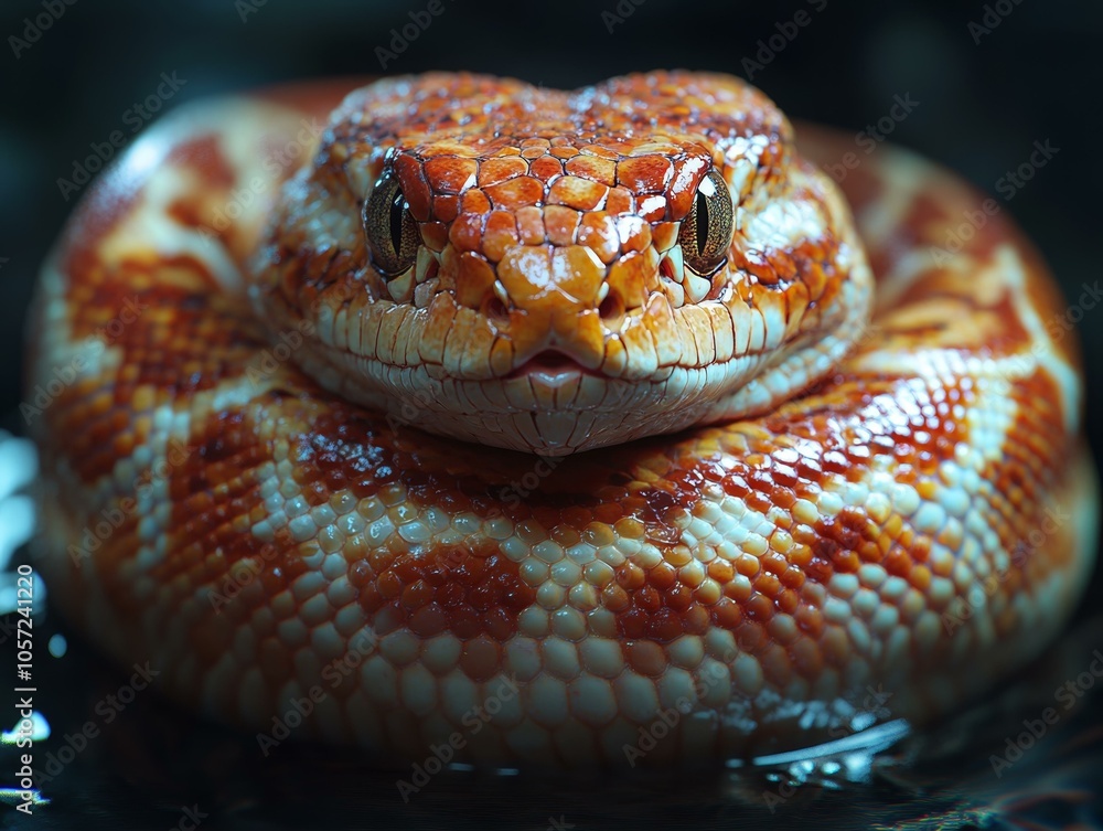 Close-up of a red and yellow snake, possibly a corn snake Close-up of a red and yellow snake, possibly a corn snake