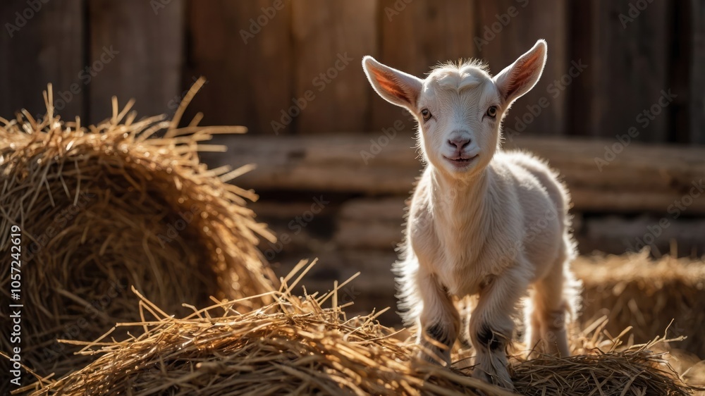 A playful young goat stands on straw bales in a rustic setting, showcasing farm life. A playful young goat stands on straw bales in a rustic setting, showcasing farm life.