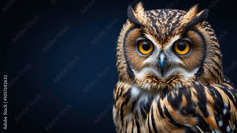 A close-up of a striking owl with vivid orange eyes and intricate feather patterns. A close-up of a striking owl with vivid orange eyes and intricate feather patterns.