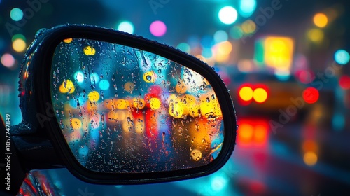 A rainy night scene reflected in a car's side mirror, showcasing vibrant city lights.