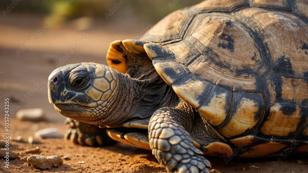A close-up of a tortoise resting on the ground, showcasing its textured shell and features. A close-up of a tortoise resting on the ground, showcasing its textured shell and features.