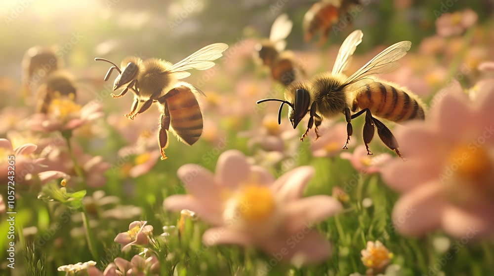 A vibrant scene of bees flying among pink flowers in a sunlit meadow. A vibrant scene of bees flying among pink flowers in a sunlit meadow.