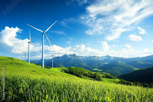 Eco-friendly electric turbines on rolling hills, with wind-swept grasses, a harmony of sustainable energy and nature photo