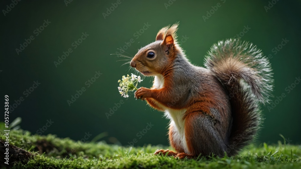 A squirrel holding a small flower in a natural setting, showcasing wildlife beauty. A squirrel holding a small flower in a natural setting, showcasing wildlife beauty.