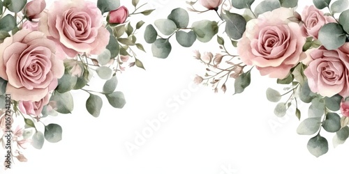 Fototapeta Naklejka Na Ścianę i Meble -  Soft Pink Roses with Eucalyptus Leaves on White Background