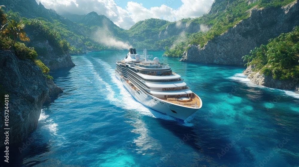 Fototapeta premium A cruise ship navigating through a tropical landscape and clear waters.
