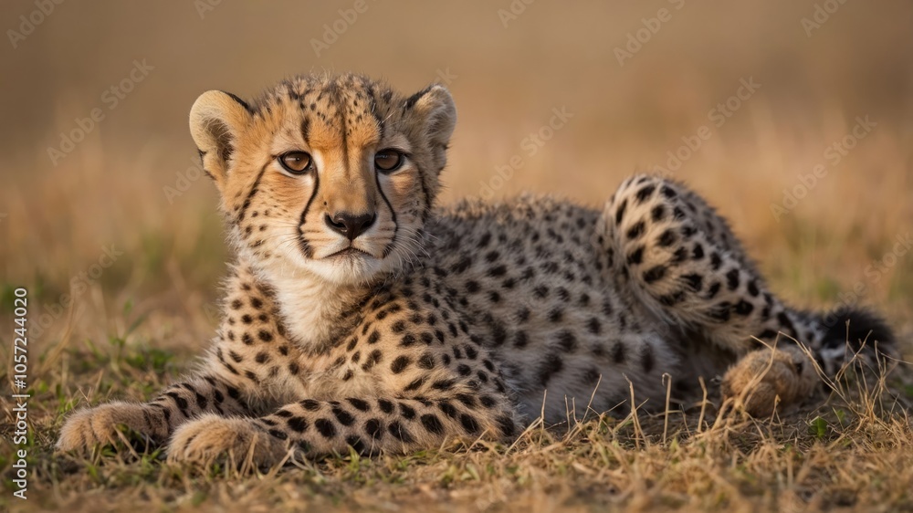 A young cheetah resting in a grassy landscape, showcasing its distinctive spots and alert expression. A young cheetah resting in a grassy landscape, showcasing its distinctive spots and alert expression.