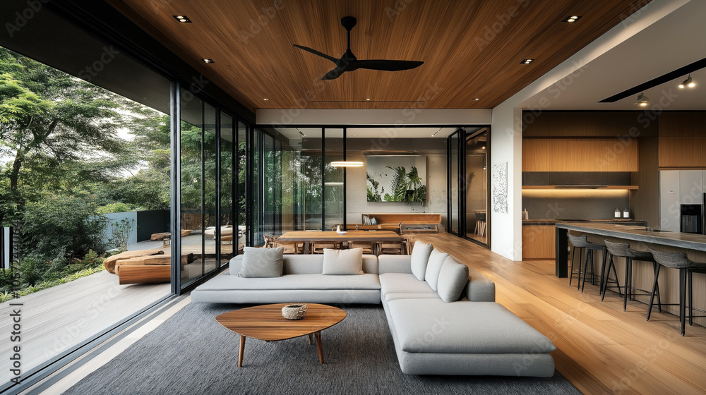 Modern open-plan living room with large glass windows, wooden ceiling, comfortable gray sectional sofa, and a view of lush greenery outside. Modern open-plan living room with large glass windows, wooden ceiling, comfortable gray sectional sofa, and a view of lush greenery outside.