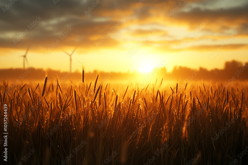 Electric turbines in foggy fields at dawn, serene and eco-friendly vision of renewable energy in nature Electric turbines in foggy fields at dawn, serene and eco-friendly vision of renewable energy in nature