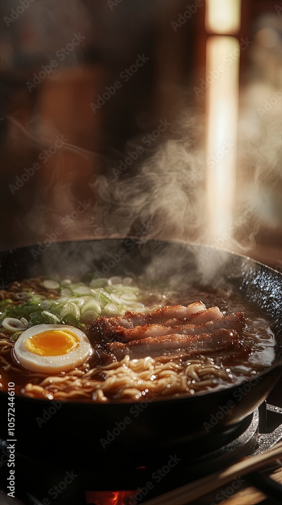 Ramen noodles in a rich broth with egg, pork belly, and scallions, steam rising, moody lighting Ramen noodles in a rich broth with egg, pork belly, and scallions, steam rising, moody lighting