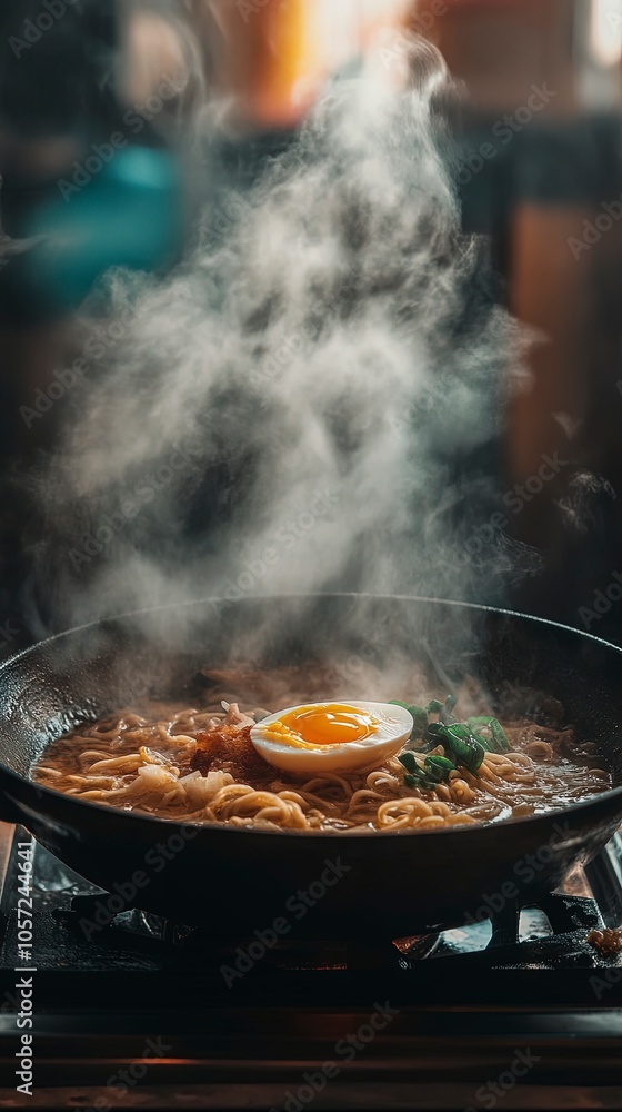 Ramen noodles in a rich broth with egg, pork belly, and scallions, steam rising, moody lighting Ramen noodles in a rich broth with egg, pork belly, and scallions, steam rising, moody lighting