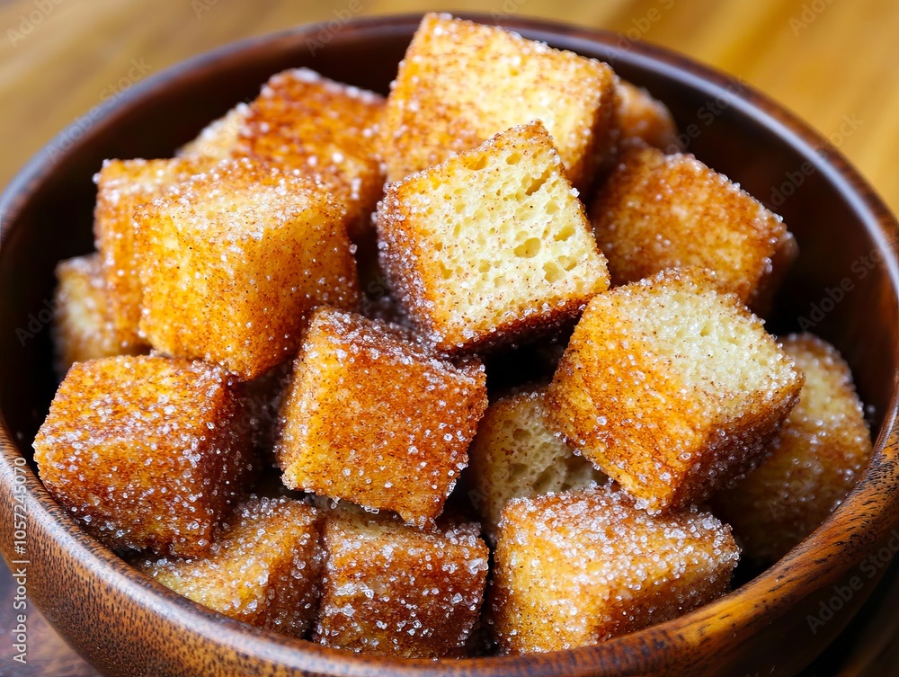 A wooden bowl filled with sugar cubes on top of a wooden table A wooden bowl filled with sugar cubes on top of a wooden table