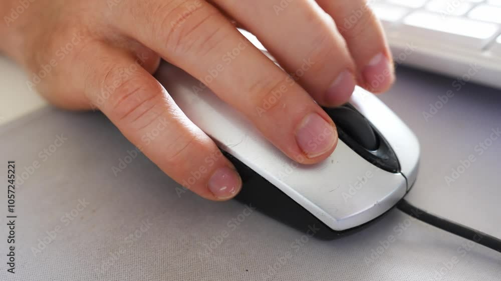 A man's hand works with a computer mouse. work in the office or at home at the computer. A man's hand works with a computer mouse. work in the office or at home at the computer.