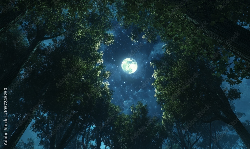 A view looking up through a dense canopy of trees with moonlight filtering through the leaves, casting ethereal patterns A view looking up through a dense canopy of trees with moonlight filtering through the leaves, casting ethereal patterns