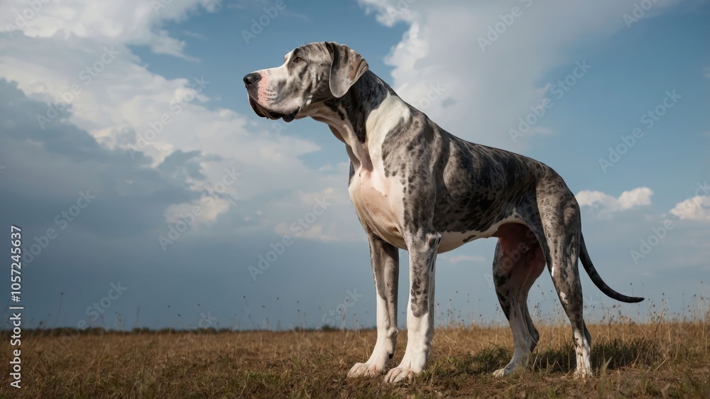 A majestic Great Dane stands proudly in a grassy field under a cloudy sky. A majestic Great Dane stands proudly in a grassy field under a cloudy sky.