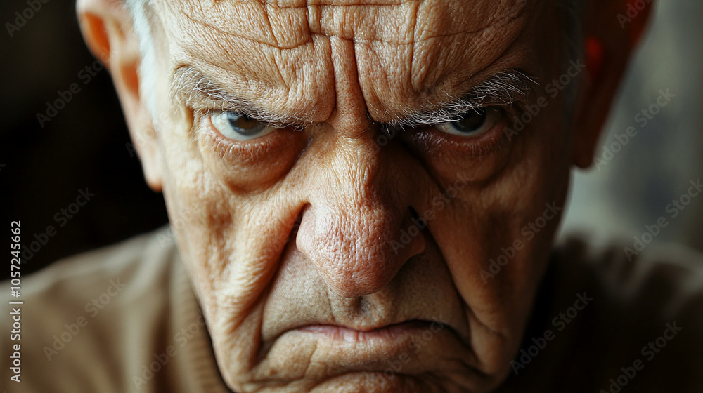Angry elderly man with intense gaze and stern face Angry elderly man with intense gaze and stern face