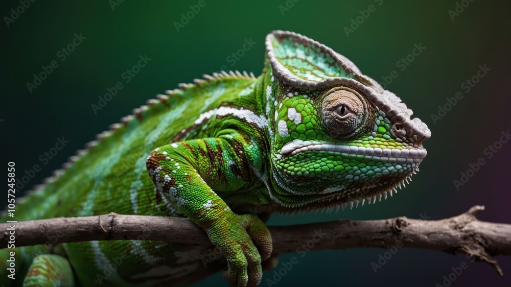 A close-up of a vibrant green chameleon resting on a branch. A close-up of a vibrant green chameleon resting on a branch.