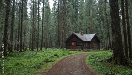 Rustic Cabin in a Lush Forest with Winding Path