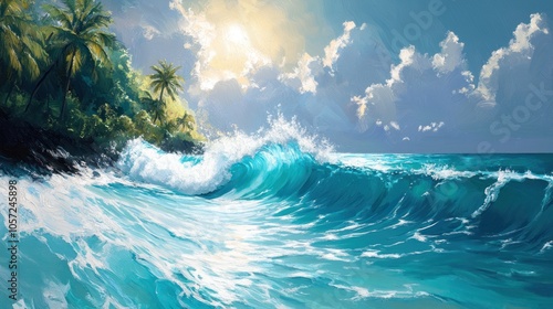 Shimmering turquoise water with powerful waves, intense sun reflection over a tropical coastline photo