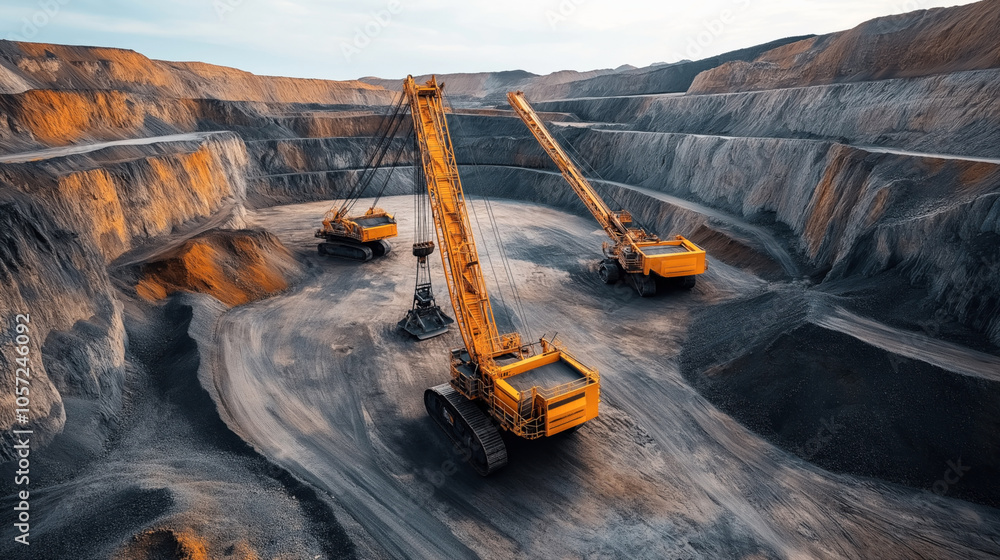 Open-pit mining site with two large excavators working on the excavation of earth minerals against a backdrop of terraced rocky terrain and dusty surfaces Open-pit mining site with two large excavators working on the excavation of earth minerals against a backdrop of terraced rocky terrain and dusty surfaces