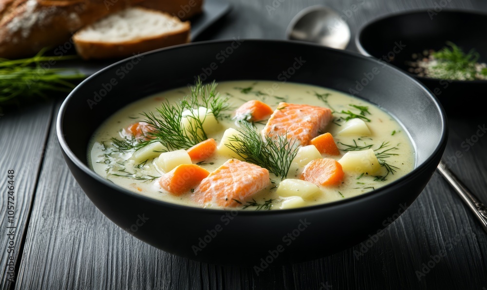 Salmon Fish Soup with Cream Potato Carrots Leek and Dill in a Black Bowl on Dark Wooden Table with Rye Bread Finnish Cuisine Classic Dish Salmon Fish Soup with Cream Potato Carrots Leek and Dill in a Black Bowl on Dark Wooden Table with Rye Bread Finnish Cuisine Classic Dish