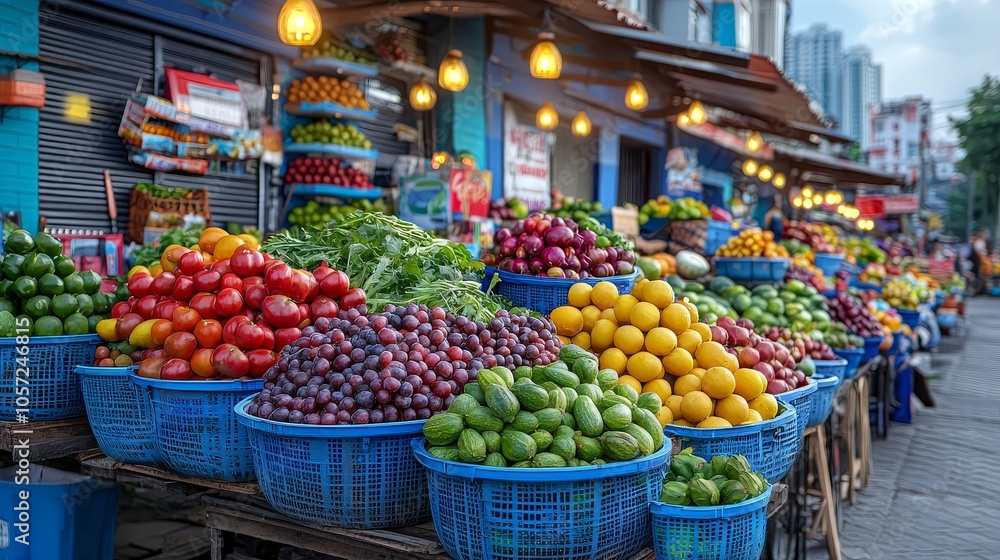 Market stall displaying fresh fruits and vegetables under warm lighting, symbolizing healthy living and community. Market stall displaying fresh fruits and vegetables under warm lighting, symbolizing healthy living and community.