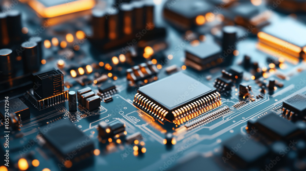 Close-up view of a detailed electronic circuit board with integrated microchips and glowing orange elements, emphasizing technology and modern electronics. Close-up view of a detailed electronic circuit board with integrated microchips and glowing orange elements, emphasizing technology and modern electronics.