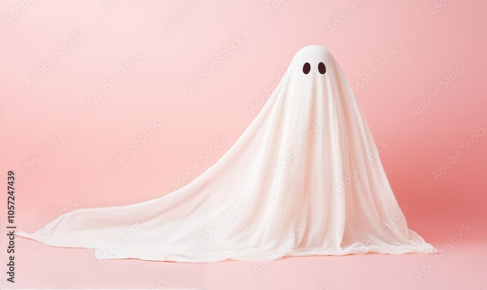 White ghost on pastel background. Minimal Halloween scary concept. Ghost sheet Halloween costume White ghost on pastel background. Minimal Halloween scary concept. Ghost sheet Halloween costume