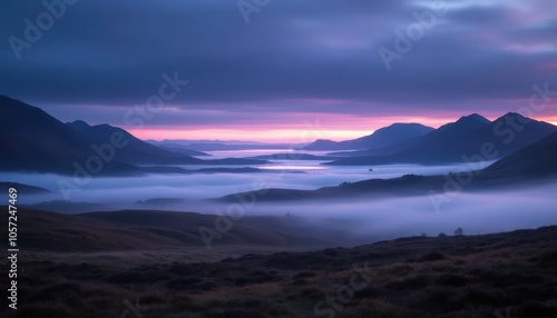 wallpaper background landscape panorama, misty highlands lake and mountains