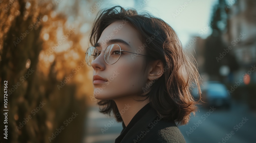 Obraz premium Woman with glasses is standing on a street