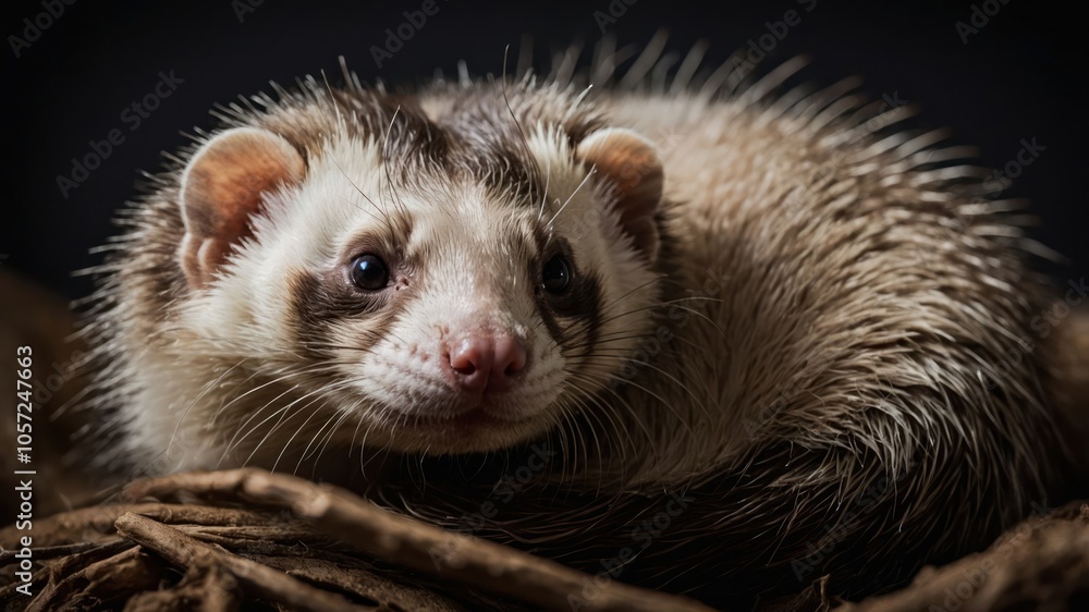 A close-up of a ferret resting on a bed of straw, showcasing its unique features. A close-up of a ferret resting on a bed of straw, showcasing its unique features.