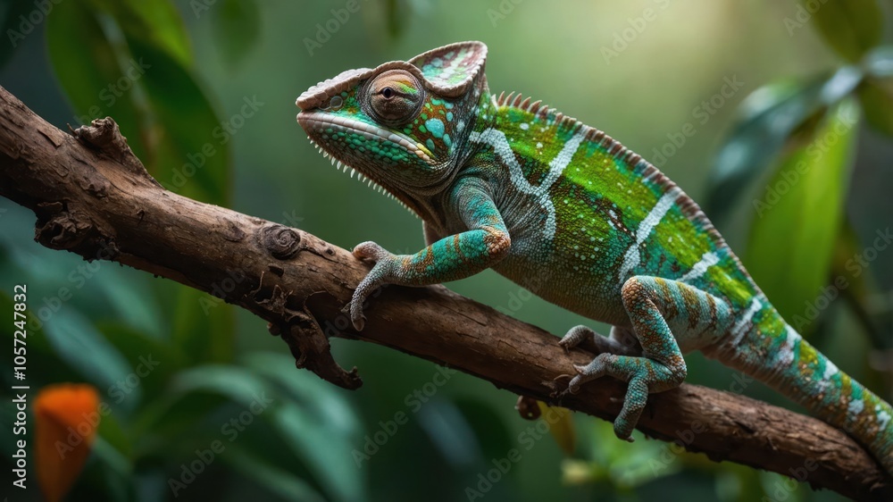 A vibrant chameleon perched on a branch amidst lush greenery. A vibrant chameleon perched on a branch amidst lush greenery.