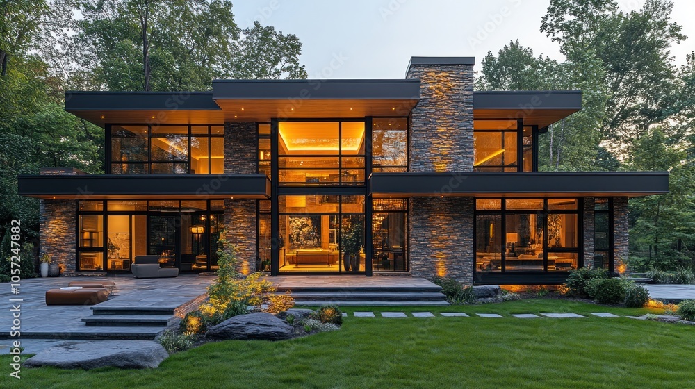 Naklejka premium Modern two-story house with large windows and landscaped yard.