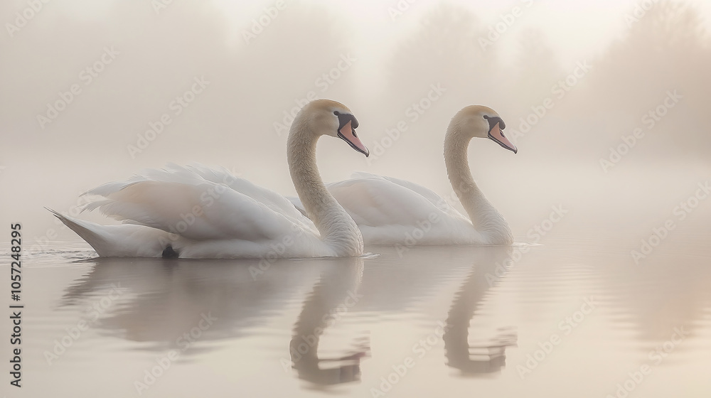 Obraz premium Beautiful white swan swimming in water. Fine art nature with wild bird and river. Animal wildlife wallpaper background