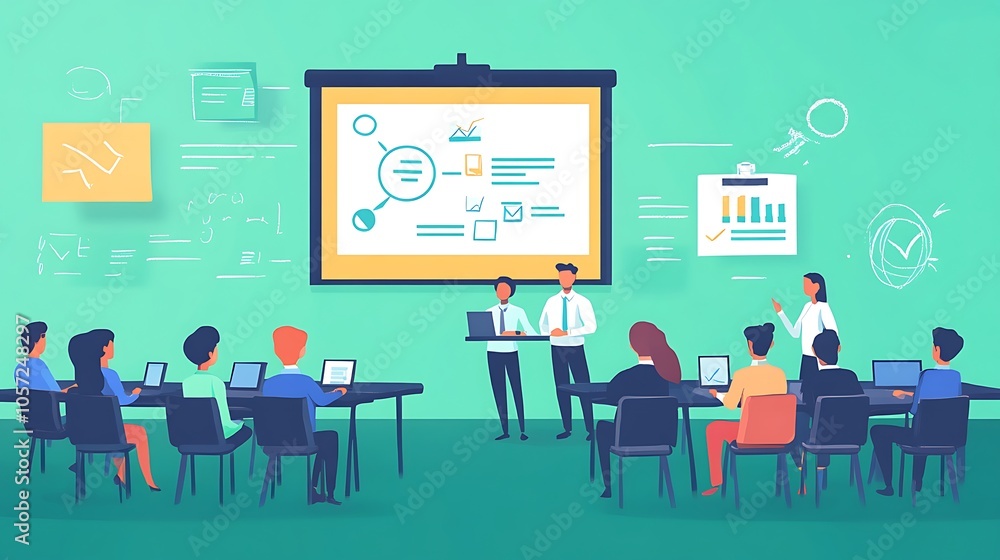 Team Presenting Business Strategy in Conference Cartoon Illustration Team Presenting Business Strategy in Conference Cartoon Illustration