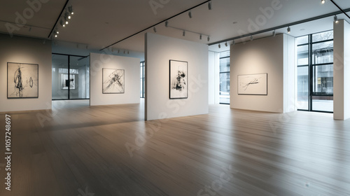 Modern art gallery interior with abstract black and white paintings on display, featuring natural light and minimalistic design, wooden flooring, and track lighting.