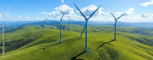 A drone view of a wind farm on rolling green hills, with the turbines casting long shadows over the landscape