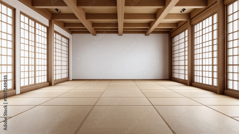 Traditional Japanese tatami room with wooden beams and shoji screen windows, featuring a minimalistic and serene design with natural lighting and muted colors. Traditional Japanese tatami room with wooden beams and shoji screen windows, featuring a minimalistic and serene design with natural lighting and muted colors.