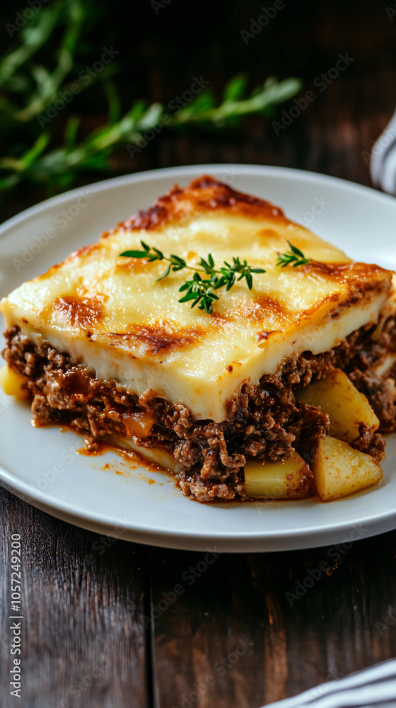 Delicious greek moussaka with ground meat and sliced potatoes topped with creamy bechamel sauce and a sprig of fresh thyme Delicious greek moussaka with ground meat and sliced potatoes topped with creamy bechamel sauce and a sprig of fresh thyme