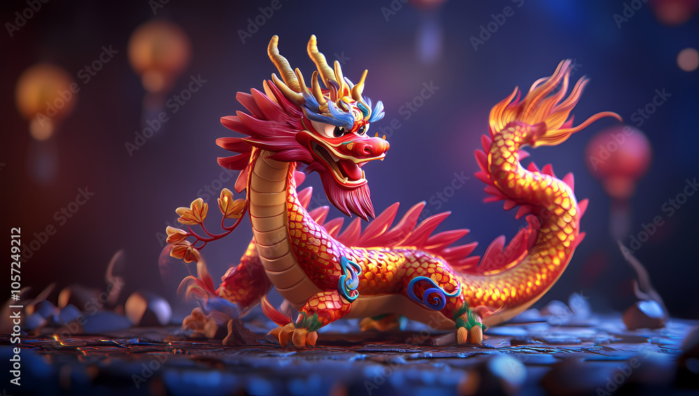 Fototapeta premium Floral Majesty: A Colorful 3D Dragon in Red and Gold 4k, Generative AI.