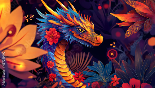 A colorful dragon, 3D illustration style, with an abstract background, vector graphics, bold lines and shapes, bright colors, festive atmosphere, dragon head facing the camera, scal 4k, Generative AI.