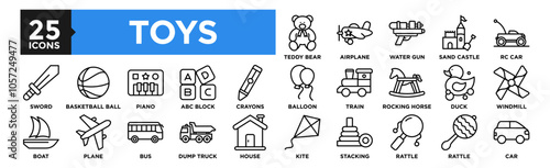 Toys icon collection set. Containing design toy, fun, play, cute, background, colorful, child, kids, childhood