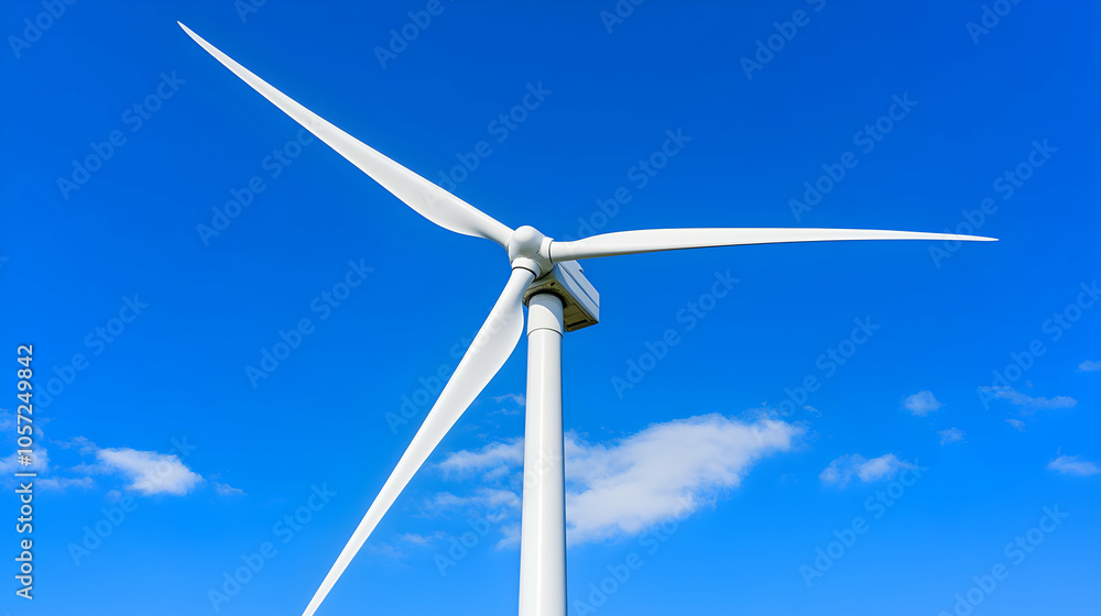 A single wind turbine against a bright blue sky with white fluffy clouds. A single wind turbine against a bright blue sky with white fluffy clouds.