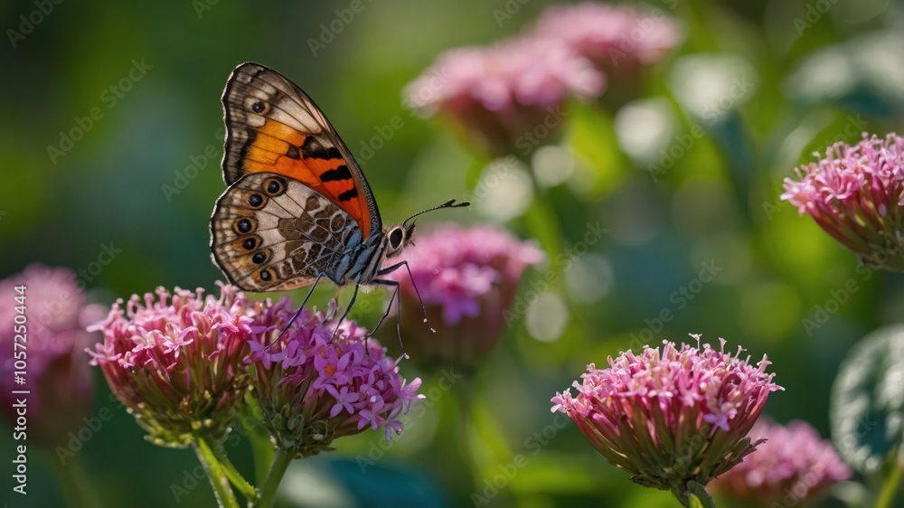 A butterfly resting on vibrant pink flowers in a lush garden setting. A butterfly resting on vibrant pink flowers in a lush garden setting.