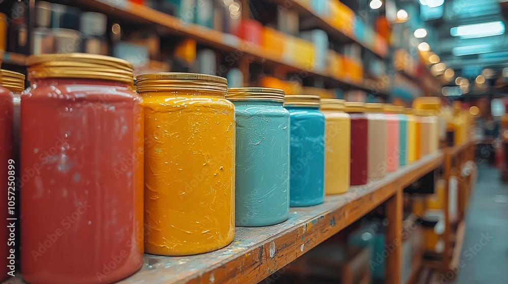 A Row of Colorful Jars on a Wooden Shelf in a Workshop A Row of Colorful Jars on a Wooden Shelf in a Workshop