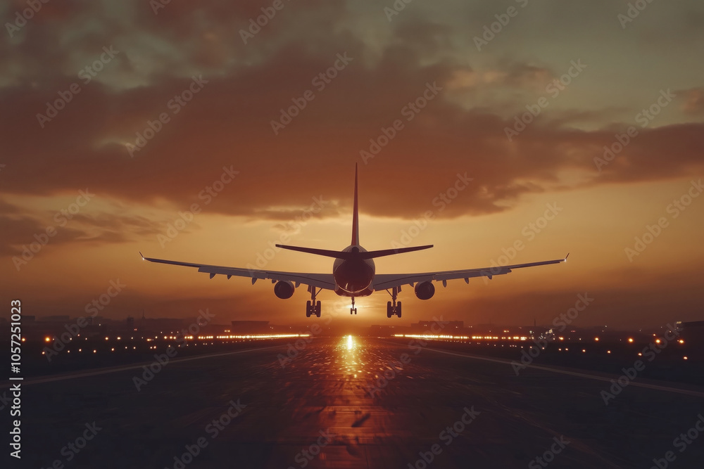 Passenger airplane landing on the runway in an international airport with a stunning sunset on the background Passenger airplane landing on the runway in an international airport with a stunning sunset on the background