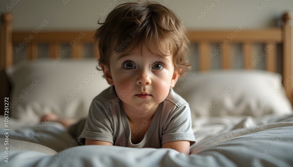 cute toddler boy looking at camera in bedroom cute toddler boy looking at camera in bedroom