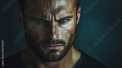 Angry man with a serious expression and fierce look photo